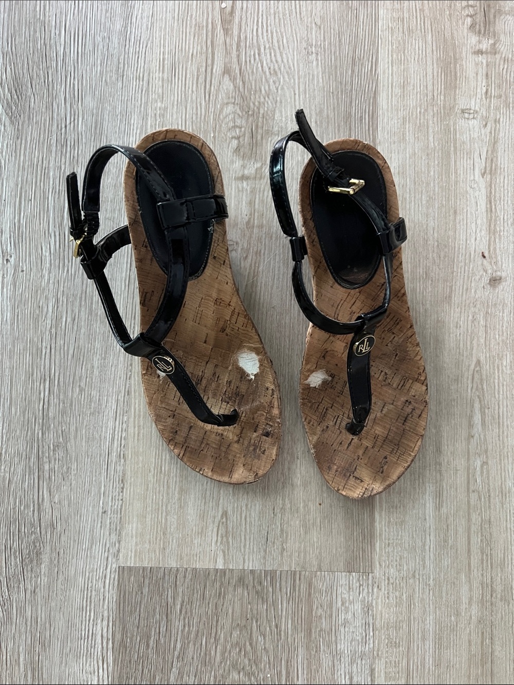 Ralph Lauren Black Patent T-Strap Cork Sandals with Gold Accents